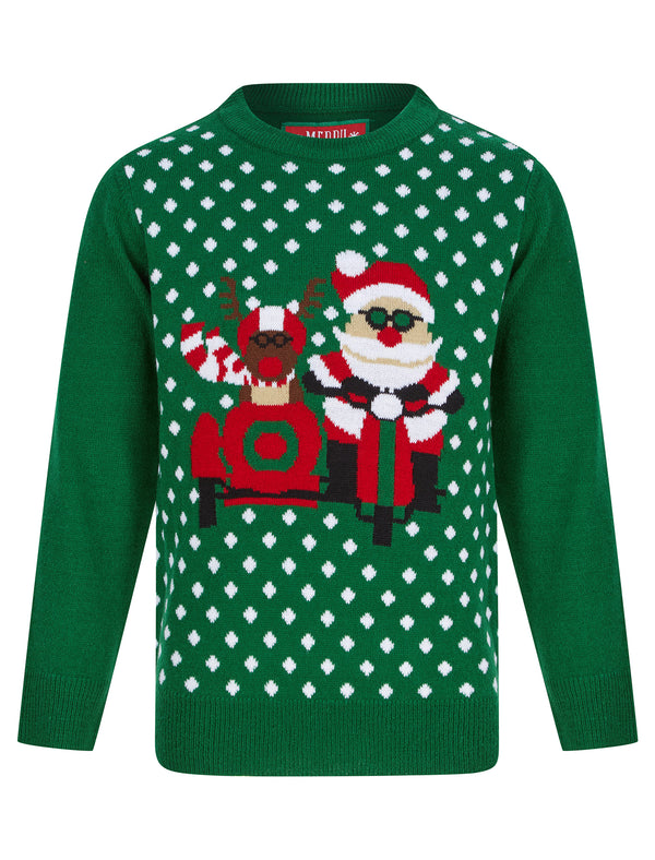 Boy's Sidecar Polka Dot Novelty Christmas Jumper in Christmas Green - Merry Christmas Kids (4-12yrs)