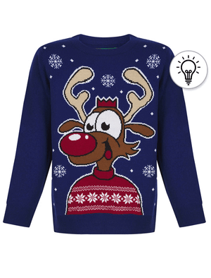 Boy s Happy Deer LED Light Up Novelty Christmas Jumper in Sapphire M Tokyo Laundry