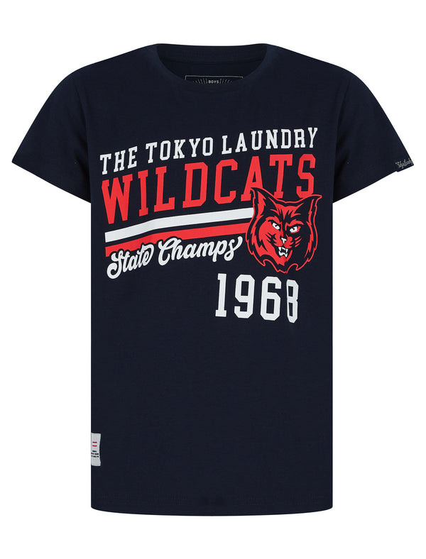 Boys Wildcats 68 2 Motif Cotton T-Shirt in Sky Captain Navy - Tokyo Laundry Kids