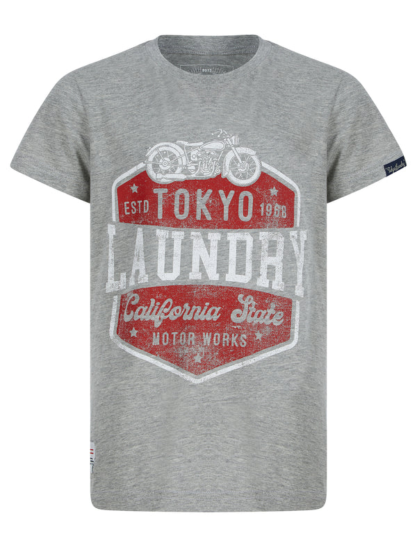 Boys Cali Motor Works Motif Cotton T-Shirt in Mid Grey Marl - Tokyo Laundry Kids