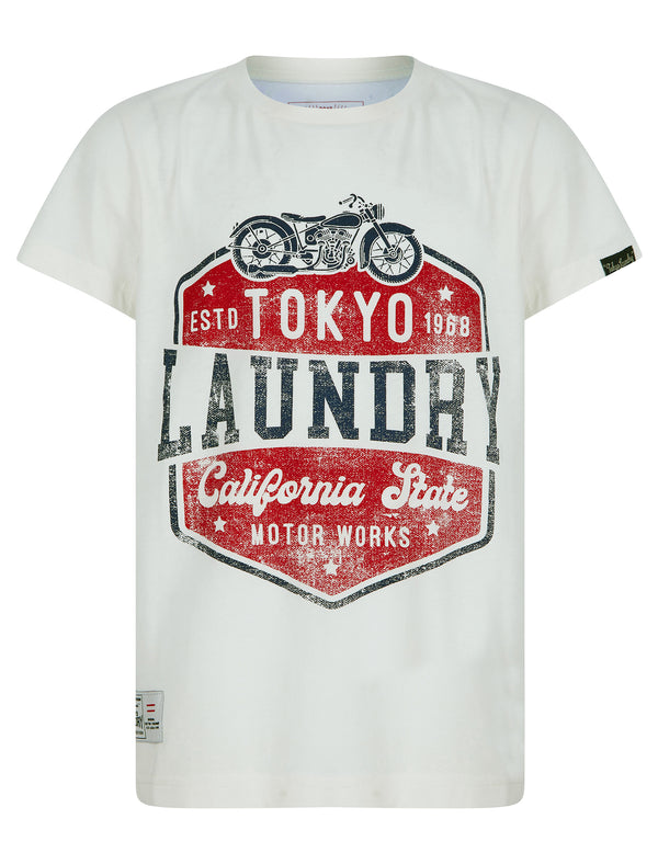 Boys Cali Motor Works Motif Cotton T-Shirt in Snow White - Tokyo Laundry Kids