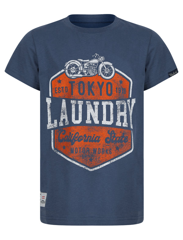 Boys Cali Motor Works Motif Cotton T-Shirt in Vintage Indigo - Tokyo Laundry Kids
