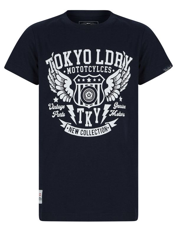 Boys Ldry Cycles Motif Cotton T-Shirt in Sky Captain Navy - Tokyo Laundry Kids