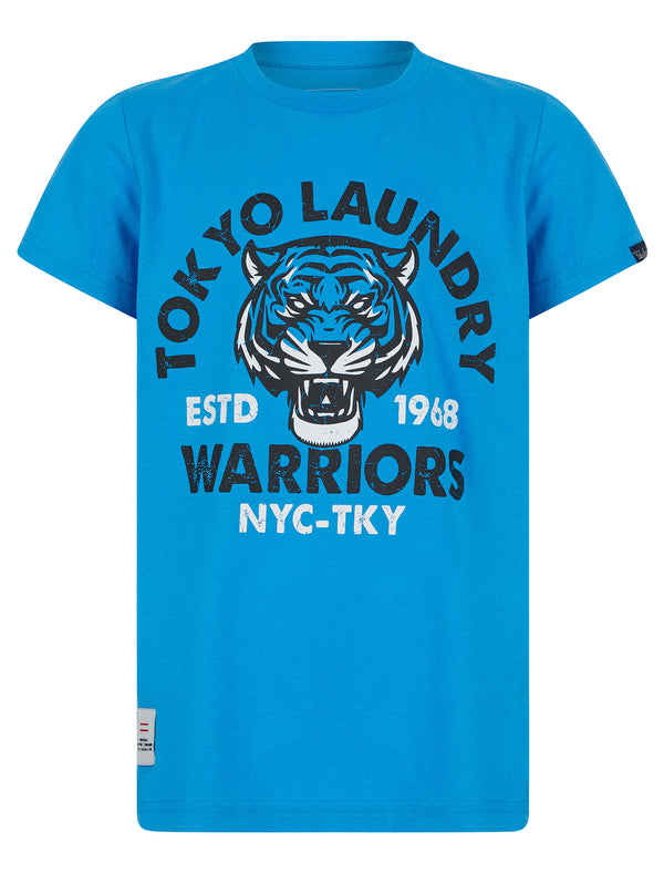 Boys Tiger Warriors Motif Cotton T-Shirt in Blithe Blue - Tokyo Laundry Kids