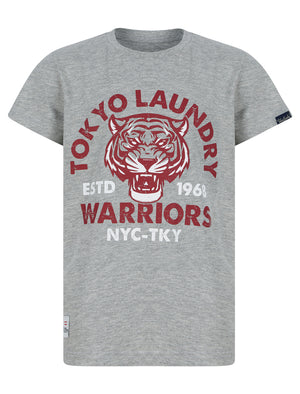Boys Tiger Warriors Motif Cotton T-Shirt in Mid Grey Marl - Tokyo Laundry Kids