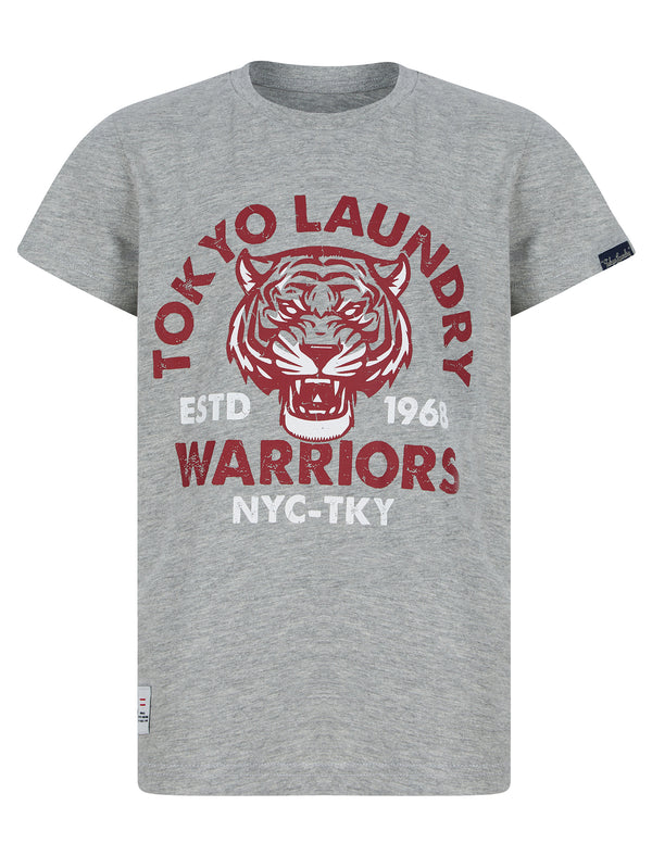 Boys Tiger Warriors Motif Cotton T-Shirt in Mid Grey Marl - Tokyo Laundry Kids
