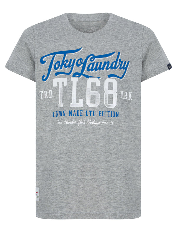 Boys Centre Stage Motif Cotton T-Shirt in Mid Grey Marl - Tokyo Laundry Kids
