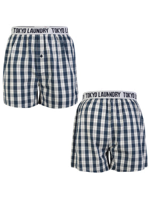 Tokyo Laundry Rising Wolf Checked Cotton Boxer Shorts in Marine