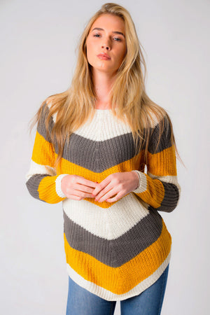 Sena Chevron Colour Block Knitted Jumper in Ivory / Old Gold / Castle Rock - Tokyo Laundry