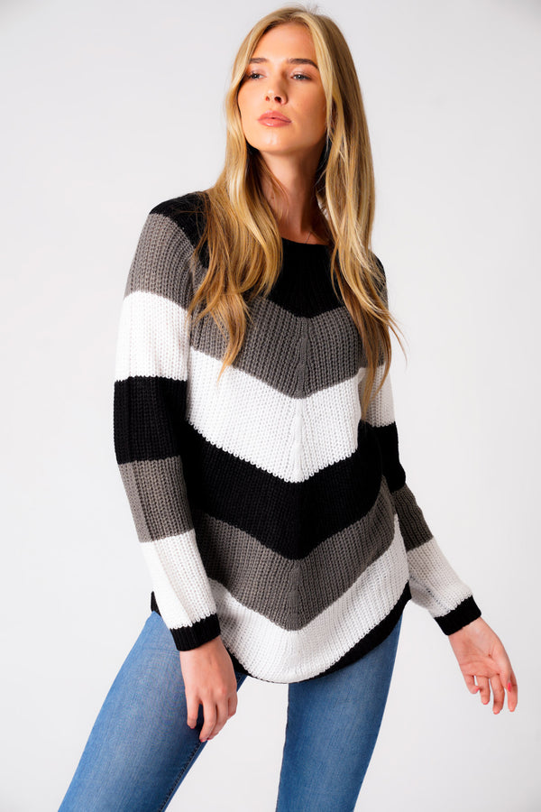 Sena Chevron Colour Block Knitted Jumper in Black / Grey / White - Tokyo Laundry