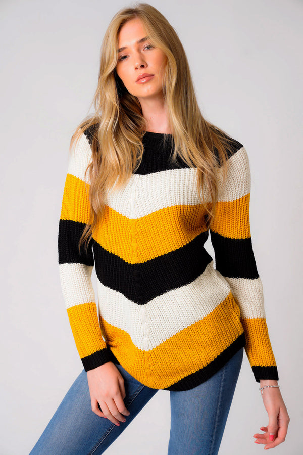 Sena Chevron Colour Block Knitted Jumper in Gold / Black / Ivory - Tokyo Laundry