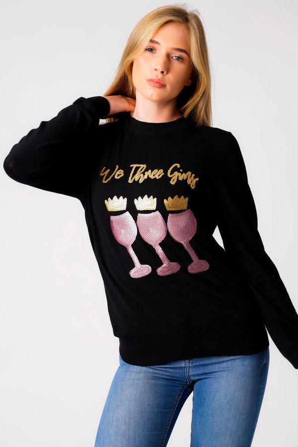 Women's Xmas 3 Gins Sequin Novelty Knitted Christmas Jumper In Black Onyx