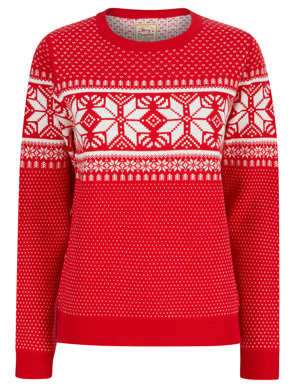 Women's Ice Crystal Jacquard Nordic Fairisle Novelty Christmas Jumper in Tokyo Red - Merry Christmas