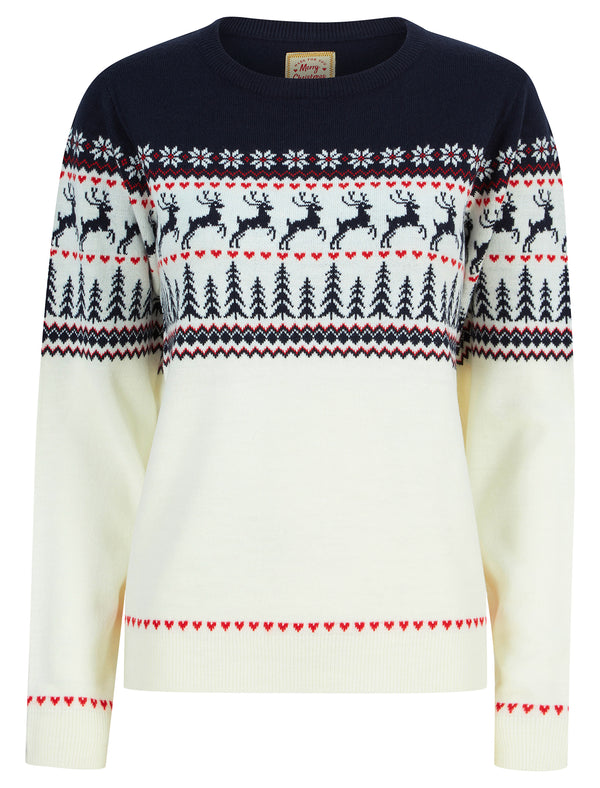 Women's Reindeer Heart Nordic Fairisle Novelty Christmas Jumper in Gardenia - Merry Christmas