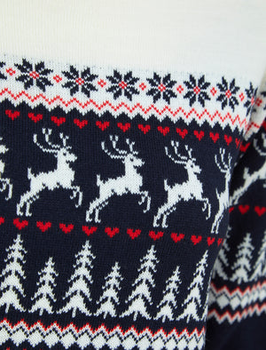 Women's Reindeer Heart Nordic Fairisle Novelty Christmas Jumper in Gardenia - Merry Christmas