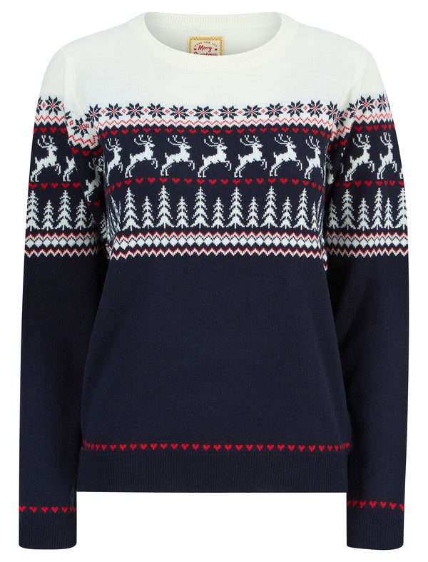 Women's Reindeer Heart Nordic Fairisle Novelty Christmas Jumper in Ink - Merry Christmas