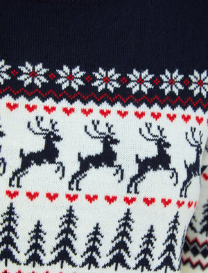 Women's Reindeer Heart Nordic Fairisle Novelty Christmas Jumper in Ink - Merry Christmas