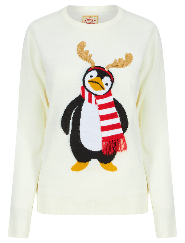Women's Penguin Antlers Sequin Motif Novelty Christmas Jumper in Gardenia - Merry Christmas