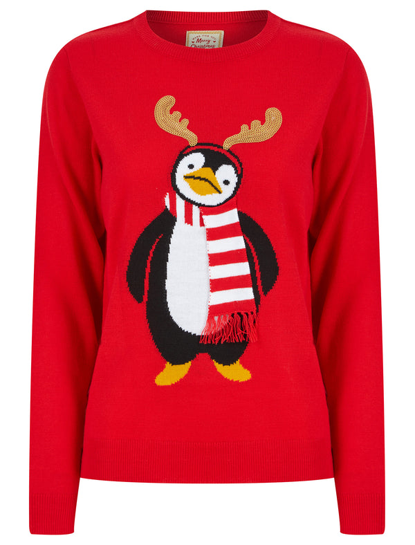 Women's Penguin Antlers Sequin Motif Novelty Christmas Jumper in Tokyo Red - Merry Christmas