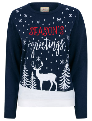 Women's Greetings Stag Motif Novelty Christmas Jumper in Ink - Merry Christmas