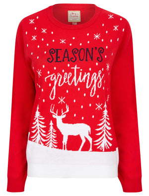 Women's Greetings Stag Motif Novelty Christmas Jumper in Tokyo Red - Merry Christmas