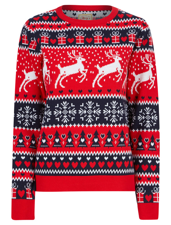 Women's Reindeer Snow Novelty Christmas Jumper in Tokyo Red - Merry Christmas