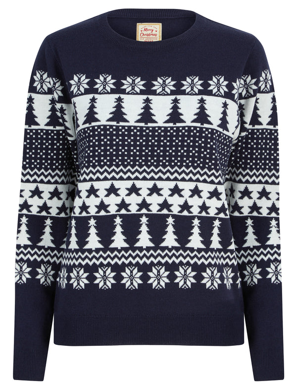 Women's Xmas Tree Jacquard Nordic Fairisle Novelty Christmas Jumper in Ink - Merry Christmas