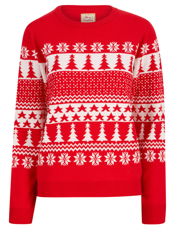 Women's Xmas Tree Jacquard Nordic Fairisle Novelty Christmas Jumper in Tokyo Red - Merry Christmas