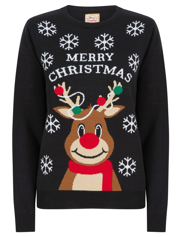 Women's Merry Reindeer Motif Novelty Christmas Jumper in Jet Black - Merry Christmas