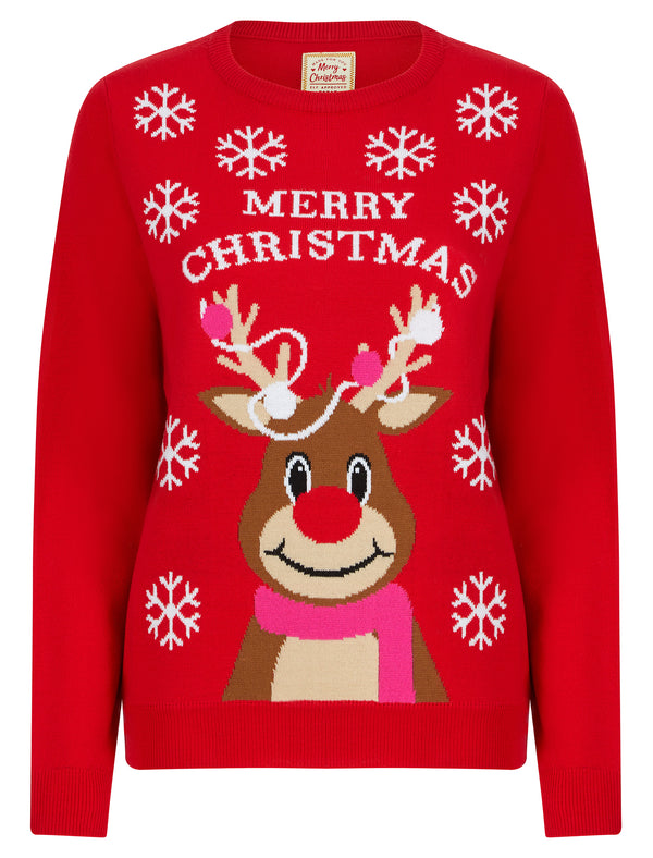 Women's Merry Reindeer Motif Novelty Christmas Jumper in Tokyo Red - Merry Christmas