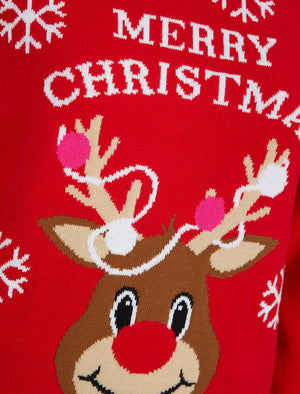 Women's Merry Reindeer Motif Novelty Christmas Jumper in Tokyo Red - Merry Christmas