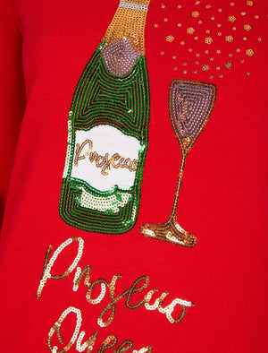 Women's Prosecco Queen Sequin Novelty Christmas Jumper in Tokyo Red - Merry Christmas