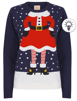 Women's Claus Motif LED Light Up Novelty Christmas Jumper in Eclipse Navy - Merry Christmas