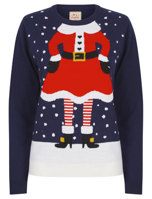 Women's Claus Motif LED Light Up Novelty Christmas Jumper in Eclipse Navy - Merry Christmas