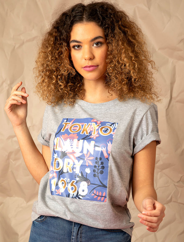 Cala Motif Cotton T-Shirt with Gold Foil Detail in Light Grey Marl - Tokyo Laundry