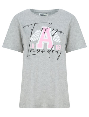 Angel Wings Motif Cotton Jersey T-Shirt in Light Grey Marl - Tokyo Laundry