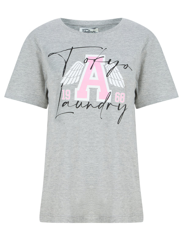 Angel Wings Motif Cotton Jersey T-Shirt in Light Grey Marl - Tokyo Laundry