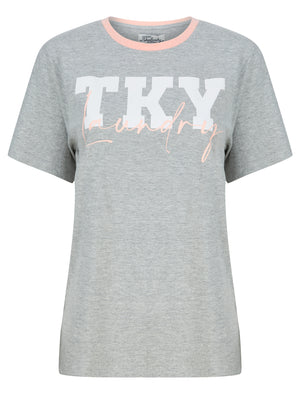 TKY Motif Cotton Jersey Ringer T-Shirt in Light Grey Marl - Tokyo Laundry