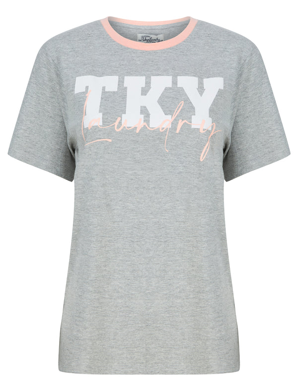 TKY Motif Cotton Jersey Ringer T-Shirt in Light Grey Marl - Tokyo Laundry
