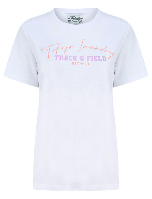 Track Motif Cotton Jersey T-Shirt in Optic White - Tokyo Laundry