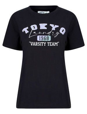 Varsity Motif Cotton Jersey T-Shirt in Jet Black - Tokyo Laundry