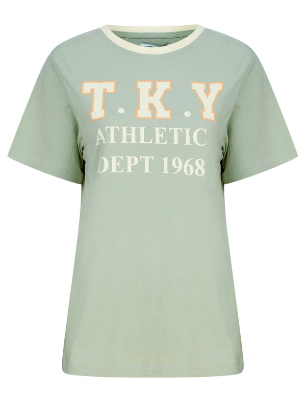 Daisy Motif Cotton Jersey Ringer T-Shirt in Aqua Gray - Tokyo Laundry