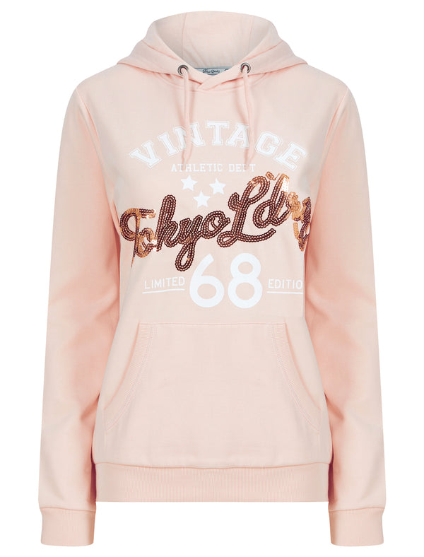 Sparked Sequin Motif Brushback Fleece Pullover Hoodie in Pale Dogwood - Tokyo Laundry