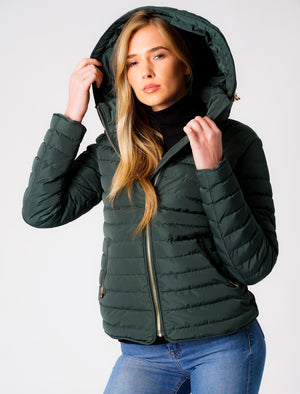 Ginger 2 Quilted Hooded Puffer Jacket in Dark Green - Tokyo Laundry
