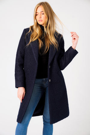 Fortune Textured Boucle Longline Midi Coat In Navy - Tokyo Laundry