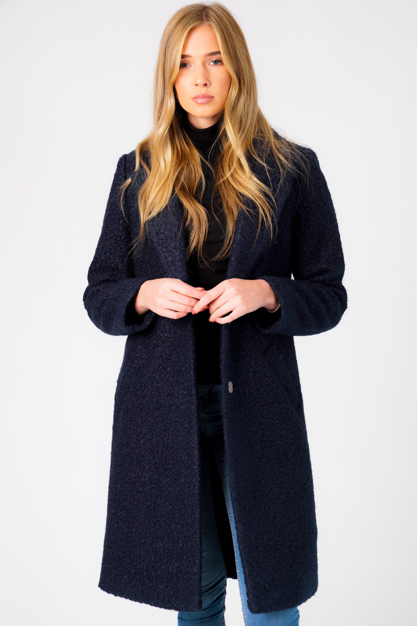 Navy boucle coat shop