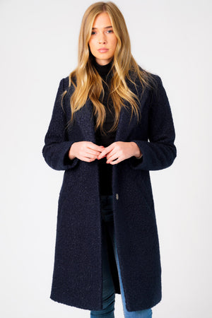 Fortune Textured Boucle Longline Midi Coat In Navy - Tokyo Laundry
