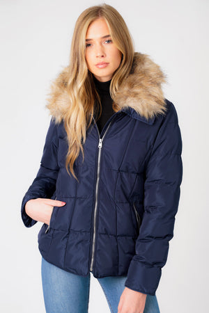 Bertie Funnel Neck Quilted Puffer Jacket With Detachable Fur Trim In Peacoat Blue - Tokyo Laundry