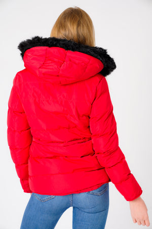 Jasmin Quilted Puffer Jacket With Faux Fur Trim Hood In Crimson - Tokyo Laundry