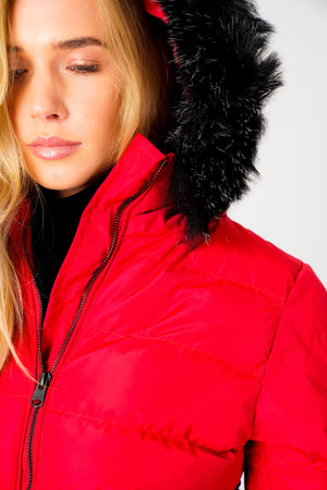 Jasmin Quilted Puffer Jacket With Faux Fur Trim Hood In Crimson - Tokyo Laundry